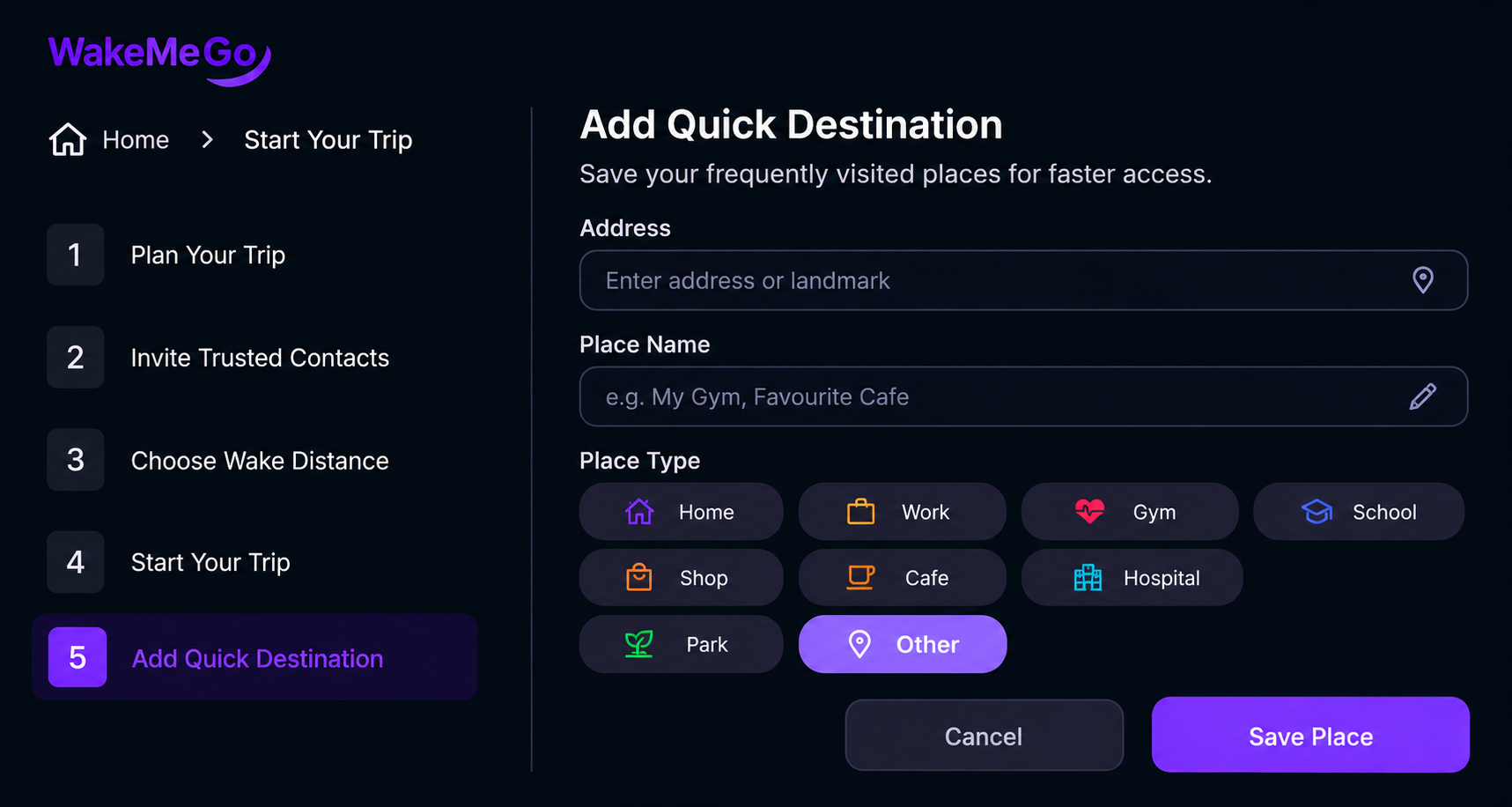 WakeMeGo Add Quick Destination screen
